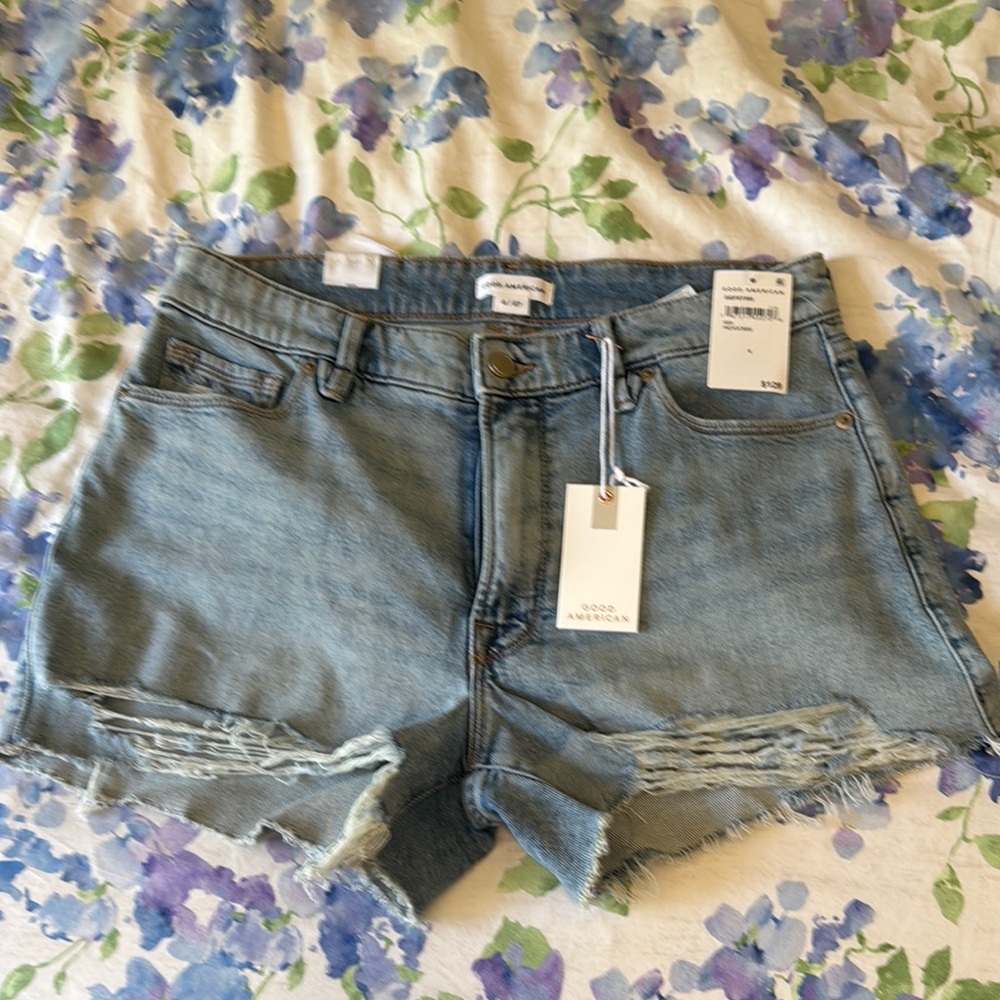 Good American Blue Jean Shorts with Distressed Hem